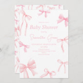 ピンクガールリボンミニマリスト赤ちゃんシャワー 招待状 (正面/裏面)