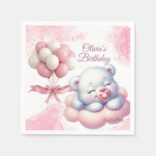 ピンクガールレインボースター誕生日 スタンダードカクテルナプキン (正面)