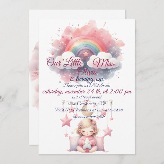 ピンクガールレインボースター誕生日 招待状 (正面/裏面)