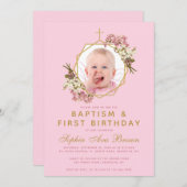 ピンクガール写真バプティスファースト誕生日ラン 招待状 (正面/裏面)