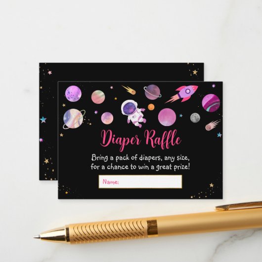 ピンクガール宇宙ベビーシャワーおむつラッフル エンクロージャーカード (正面/裏面インサイチュ)