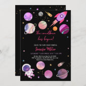 ピンクガール宇宙飛行士の宇宙がカウントダウンベビーシャワー 招待状 (正面/裏面)