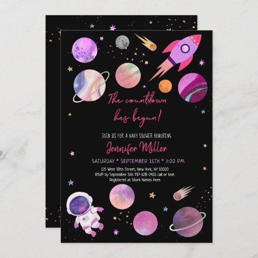 ピンクガール宇宙飛行士の宇宙がカウントダウンベビーシャワー 招待状 (正面/裏面)