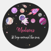 ピンクガール宇宙飛行士宇宙初誕生日 ラウンドシール (正面)