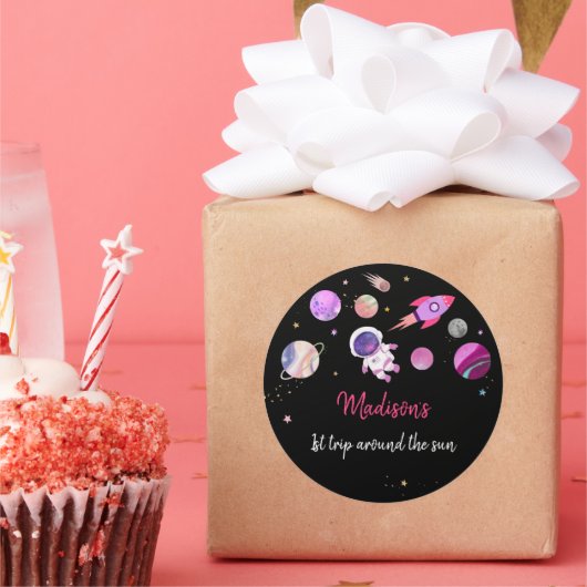 ピンクガール宇宙飛行士宇宙初誕生日 ラウンドシール (パーティー)