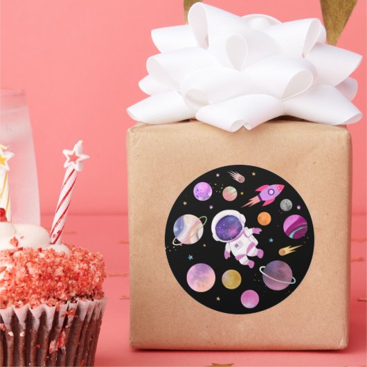 ピンクガール宇宙飛行士宇宙初誕生日 ラウンドシール (パーティー)