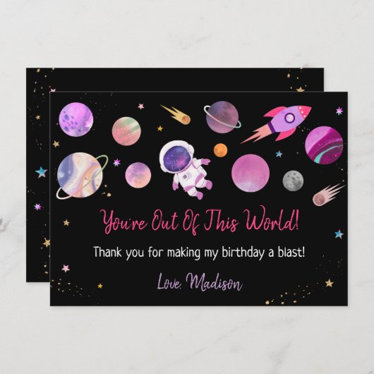 ピンクガール宇宙飛行士宇宙第一誕生日 サンキューカード (正面/裏面)