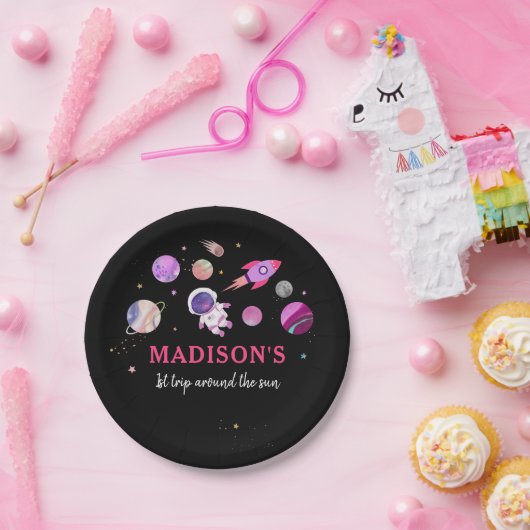 ピンクガール宇宙飛行士宇宙第一誕生日 ペーパープレート (パーティー)
