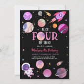 ピンクガール宇宙飛行士宇宙第4誕生日 招待状 (正面)