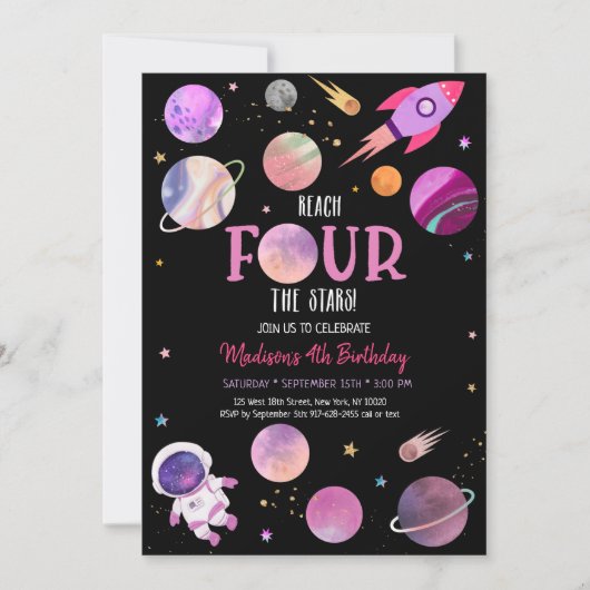 ピンクガール宇宙飛行士宇宙第4誕生日 招待状 (正面)