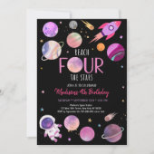 ピンクガール宇宙飛行士宇宙第4誕生日 招待状 (正面)