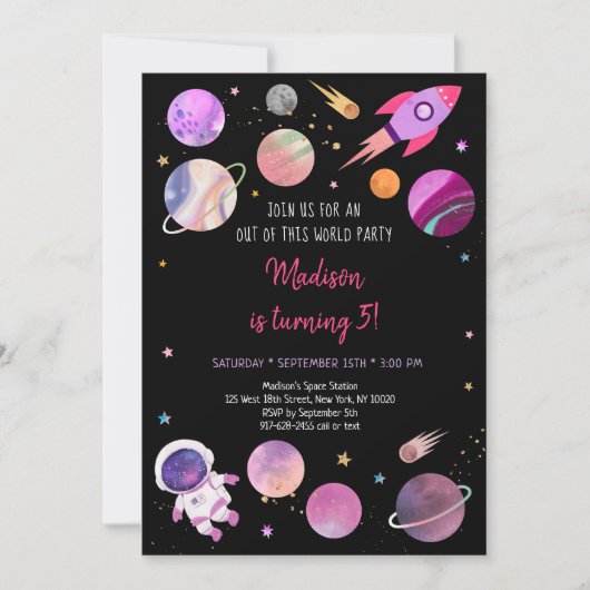 ピンクガール宇宙飛行士宇宙誕生日 招待状 (正面)
