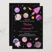 ピンクガール宇宙飛行士宇宙誕生日 招待状 (正面/裏面)