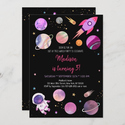 ピンクガール宇宙飛行士宇宙誕生日 招待状 (正面/裏面)