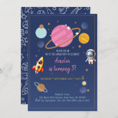 ピンクガール宇宙飛行士宇宙誕生日 招待状 (正面/裏面)