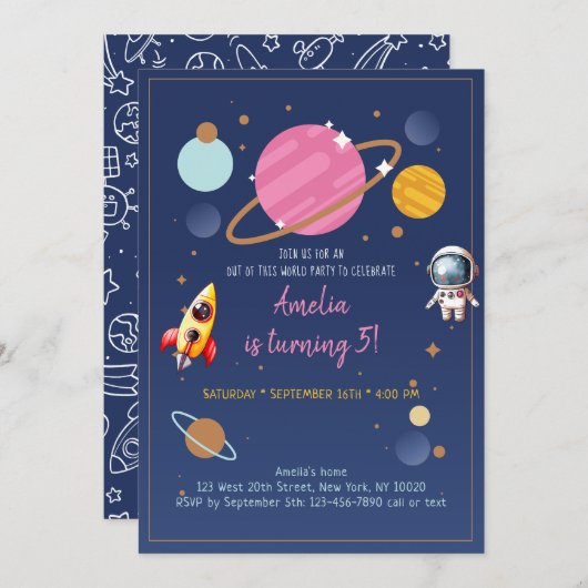 ピンクガール宇宙飛行士宇宙誕生日 招待状 (正面/裏面)
