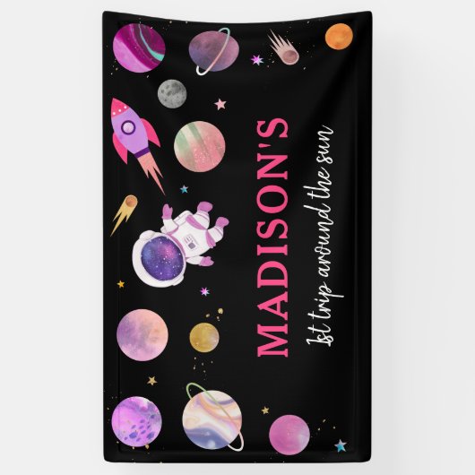 ピンクガール宇宙飛行士宇宙誕生日 横断幕 (縦)