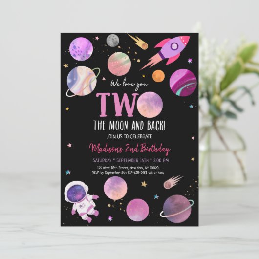 ピンクガール宇宙飛行士宇宙2ザムーン誕生日 招待状 (スタンド正面)