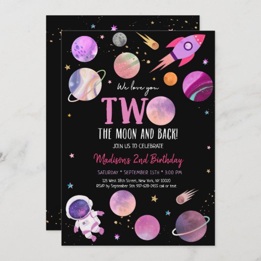 ピンクガール宇宙飛行士宇宙2ザムーン誕生日 招待状 (正面/裏面)