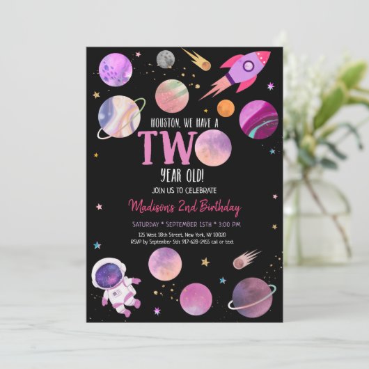 ピンクガール宇宙飛行士宇宙2誕生日 招待状 (スタンド正面)