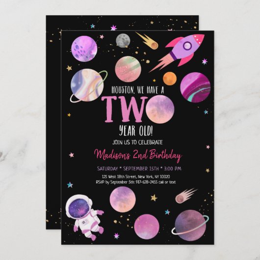 ピンクガール宇宙飛行士宇宙2誕生日 招待状 (正面/裏面)