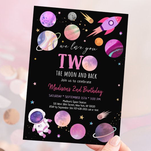 ピンクガール宇宙飛行士 スペースツー ザ・ムーン バースデー 招待状