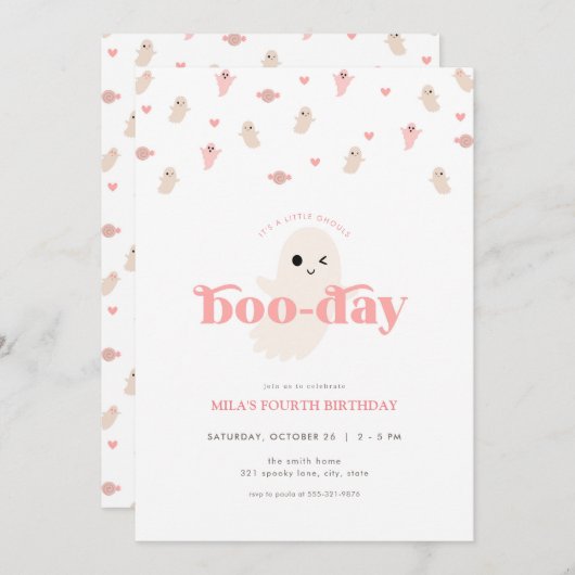 ピンクガール幽霊ハロウィーン誕生日招待状 招待状 (正面/裏面)