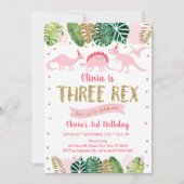 ピンクガール恐竜スリーレックス誕生日 招待状 (正面)