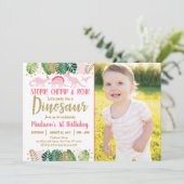 ピンクガール恐竜トロピカル誕生日招待状 招待状 (スタンド正面)