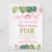 ピンクガール恐竜第四誕生日 招待状 (正面)