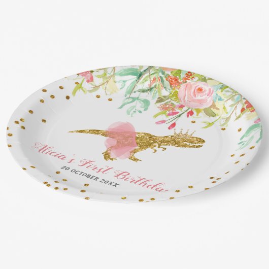 ピンクガール恐竜紙パーティープレート ペーパープレート (アングル)