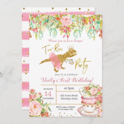 ピンクガール恐竜茶 – レックスパーティの招待状 招待状 (正面/裏面)