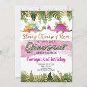 ピンクガール恐竜誕生日招待状 招待状 (正面)