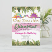 ピンクガール恐竜誕生日招待状 招待状 (スタンド正面)