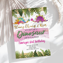 ピンクガール恐竜誕生日招待状