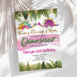 ピンクガール恐竜誕生日招待状 招待状