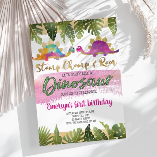 ピンクガール恐竜誕生日招待状 招待状