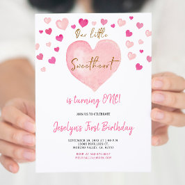 ピンクガール水彩最初の誕生日ハート 招待状