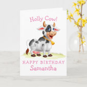 ピンクガール牛ハッピーバースデーカード カード (黄色い花)