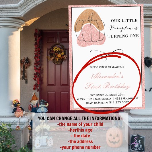 ピンクガール秋パンプキンハロウィーン1st誕生日 招待状