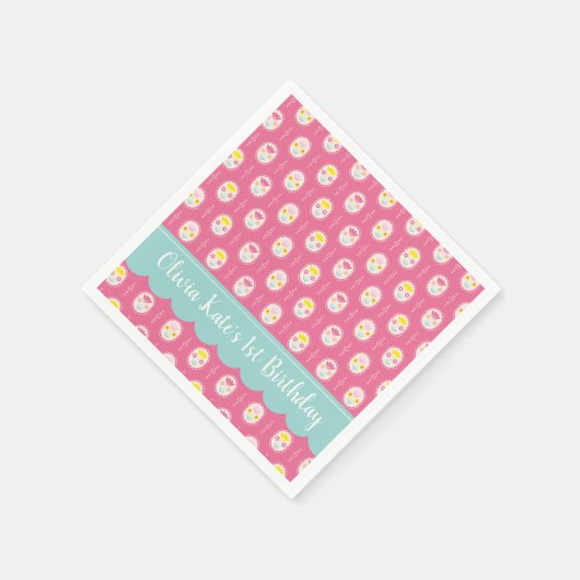 ピンクガール花柄1歳の誕生日 スタンダードカクテルナプキン (角)