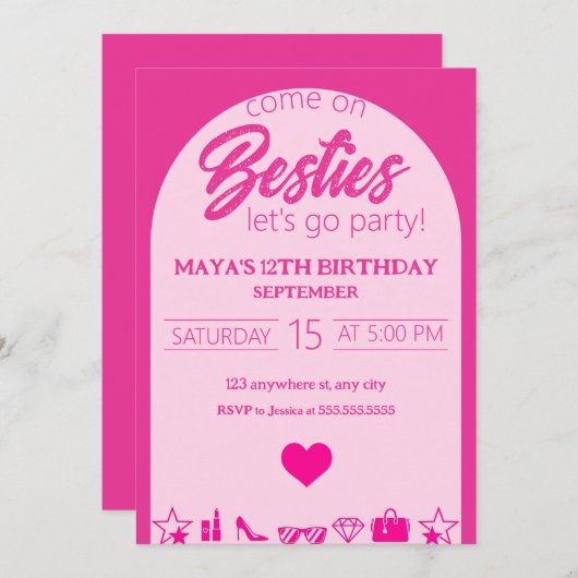 ピンクガール誕生日ピンクベスティーズパーティー誕生日 招待状 (正面/裏面)