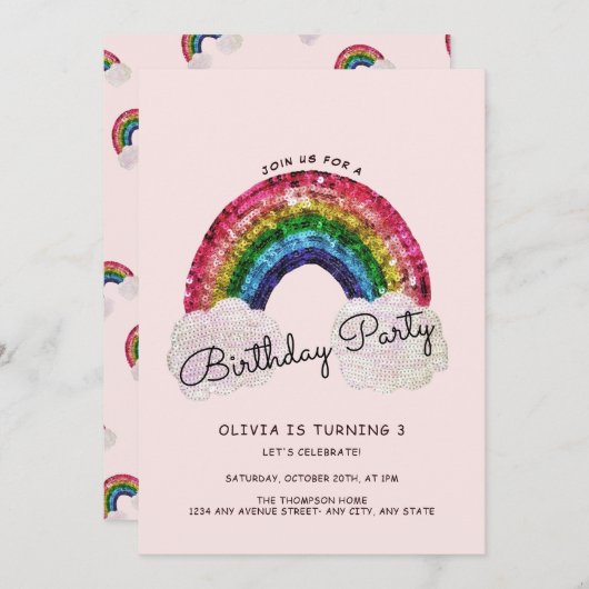 ピンクガール誕生日虹 招待状 (正面/裏面)