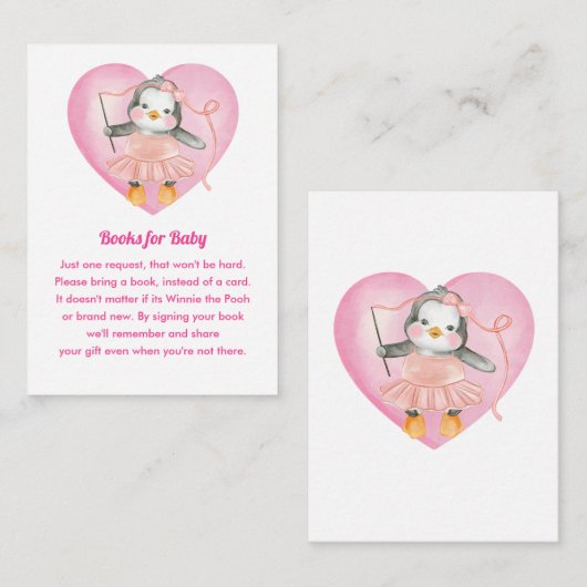 ピンクガール赤ちゃんシャワーペンギン予約リクエスト エンクロージャーカード (正面/裏面)