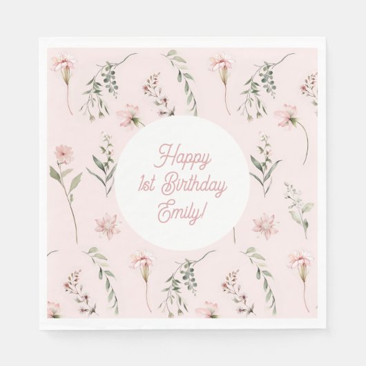 ピンクガール1stバースデーワイルドフラワーと緑 スタンダードランチョンナプキン (正面)