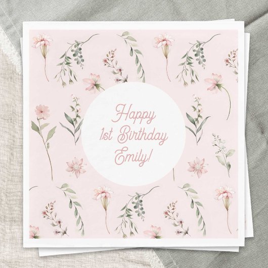 ピンクガール1stバースデーワイルドフラワーと緑 スタンダードランチョンナプキン