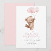 ピンクガール ベアリー 1歳の誕生日パーティー招待状 招待状 (正面/裏面)