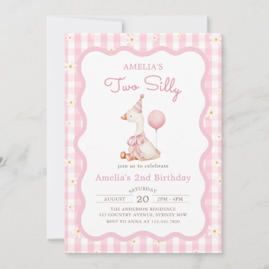 ピンクガ間抜けースデイジーギンガム2nd誕生日 招待状 (正面)