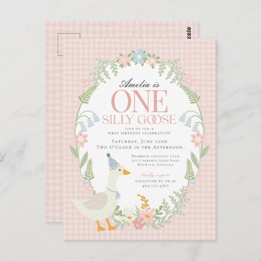 ピンクガ間抜けースフローラギンガムファースト誕生日 ポストカード (正面/裏面)