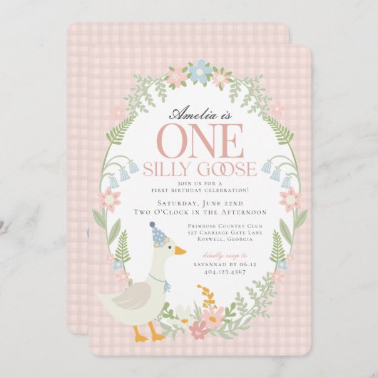 ピンクガ間抜けースフローラギンガムファースト誕生日 招待状 (正面/裏面)